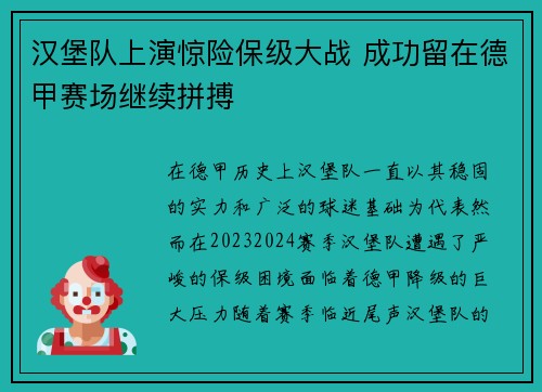 汉堡队上演惊险保级大战 成功留在德甲赛场继续拼搏