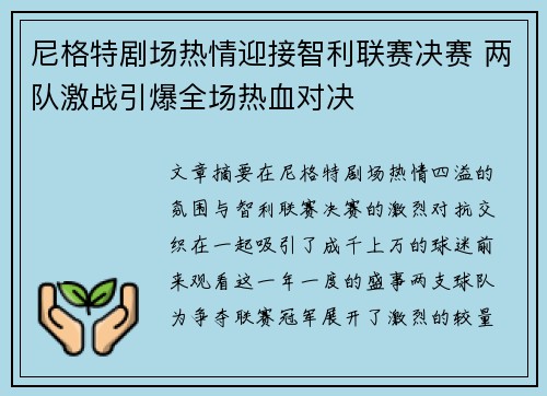 尼格特剧场热情迎接智利联赛决赛 两队激战引爆全场热血对决