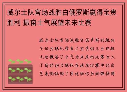 威尔士队客场战胜白俄罗斯赢得宝贵胜利 振奋士气展望未来比赛